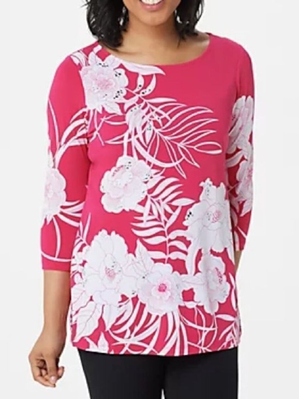 Dennis Basso Printed Caviar Crepe 3/4-Sleeve Tunic